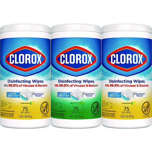 Clorox Disinfecting Wipes, 1-Ply, 7 x 8, Fresh Scent/Citrus Blend, White, 75/Canister, 3 Canisters/Pack