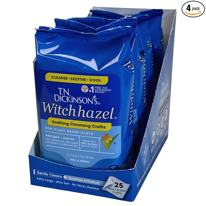 T.N. Dickinson's Witch Hazel Soothing MultiUse Cleansing Cloth, 4 Pack, 25 Cloths Per Pack,white