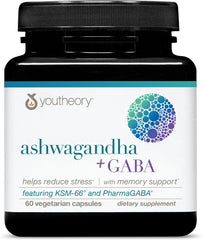 Youtheory Ashwagandha + GABA - Adaptogenic Blend with Organic KSM-66 & Ginger - Aids Stress Relief & Mood* - Supports Energy Levels* - 60 Vegetarian Capsules (30-Day Supply