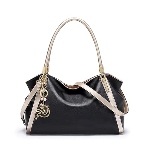 FOXLOVER Top Handle Shoulder Bags for Women Cow Leather Purses Womens Tote Handbags Satchel with Zipper Metal charm（B-Black Without Logo）