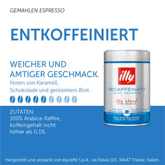 illy Ground Coffee Espresso - 100% Arabica Coffee Ground – Classico Decaf Roast - Notes of Caramel, Toasted Bread & Chocolate - Rich Aromatic Profile - No Preservatives – 8.8 Ounce