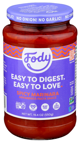 Fody Foods Spicy Marinara Pasta Sauce, 19.4 Oz, Garlic and Onion Free, Low FODMAP Certified, Gut & IBS Friendly, Vegan, Non-GMO, Gluten Free, Kosher