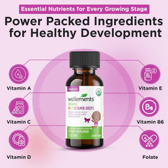 Wellements Organic Baby Multivitamin Drops (1 Fl Oz) - Cherry Flavor Liquid Multivitamins for Infants & Toddlers (2 Months+) - Toddler Vitamins for Immune Support*, Healthy Growth & Bone Development*