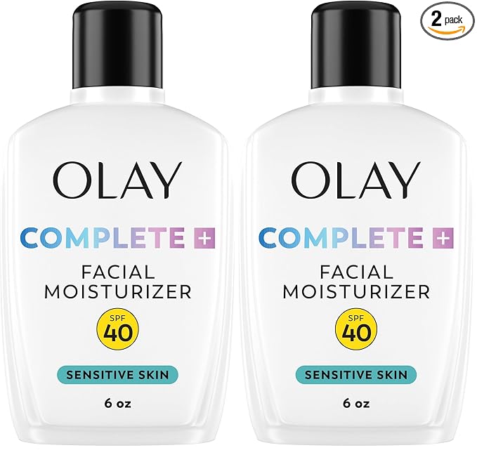 Olay Complete+ Face Moisturizer with Sunscreen SPF 40,For Sensitive Skin,Broad Spectrum Sun Protection,Fragrence-Free-No White Cast on All Tones,Nourishes Moisture Barrier-Ceramides,6 Oz,(Pack of 2)