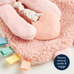 Itzy Ritzy - Itzy Lovey Including Teether - Baby Lovey with Teether, Textured Ribbons & Dangle Arms - Features Crinkle Sound, Sherpa Fabric and Minky Plush (Pink Bunny)