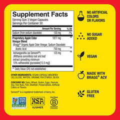 Bragg Daily Balance Apple Cider Vinegar and Sensoril Ashwagandha Capsules - 750mg of Acetic Acid – Energy & Weight Management Support - (90 Pills)