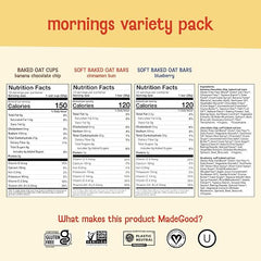 MadeGood Mornings Soft-Baked Oat Bars, 30-Count 1.16lb variety