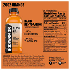 BODYARMOR Flash I.V. Electrolyte Beverage, Orange, Hydration Drink with Coconut Water For Rapid Rehydration, Post Workout Recovery, 20 Fl Oz (Pack of 12)