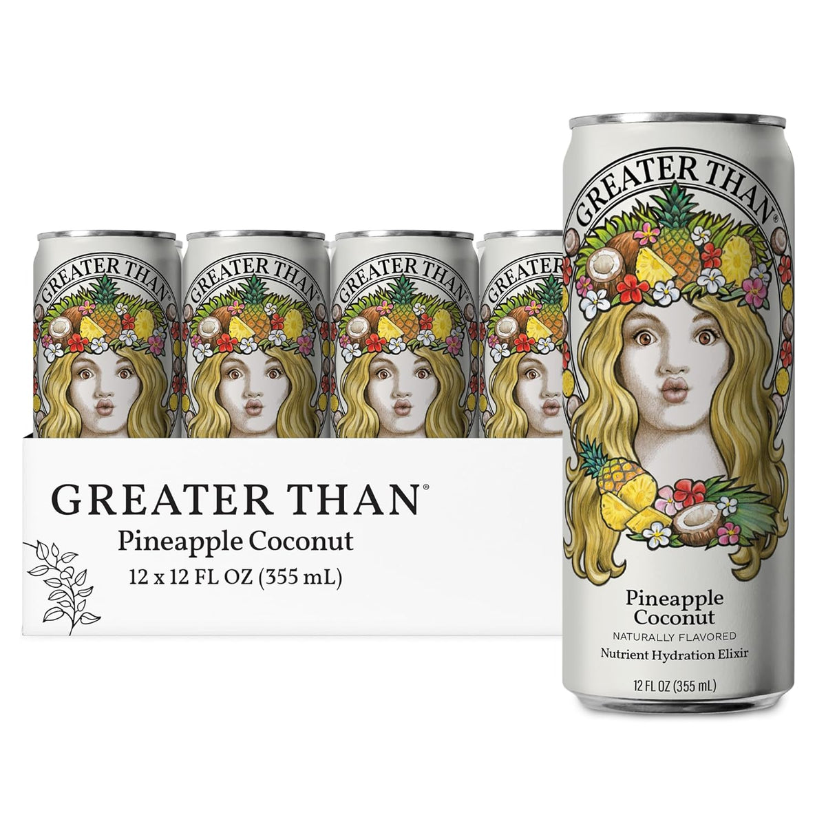 GREATER THAN Hydration for Her - Nutrient Enhanced Coconut Water Electrolyte Beverage with Real Fruit, Plant-Based Vitamins & Fiber, Clean Functional Hydration, Pineapple Coconut, 12 oz (12 Pack)