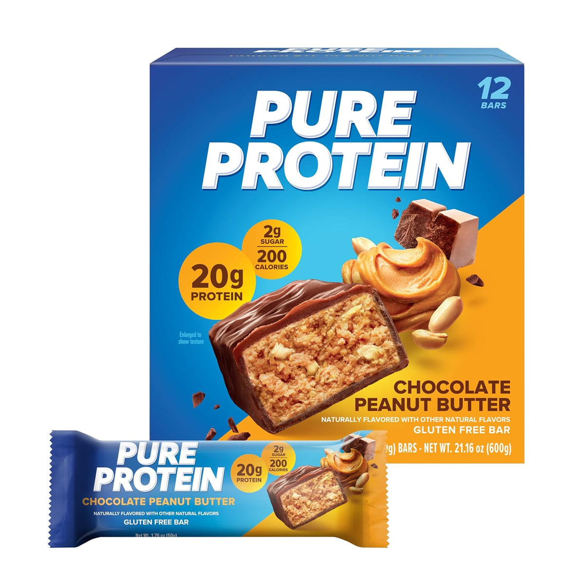Pure Protein Chocolate Peanut Butter Protein Bars – 20g Protein, 3g Sugar, 190 Calories (12 count)
