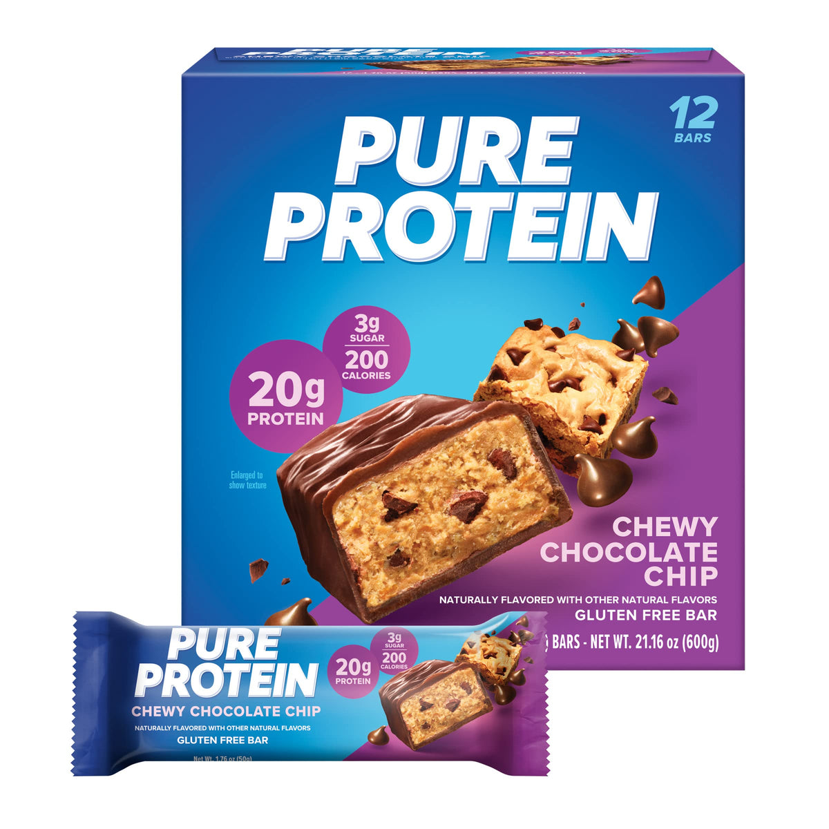 Pure Protein Bars High Protein Nutritious Snacks to Support Energy Low Sugar Gluten Free Chewy Chocolate Chip 1.76oz (Pack of 12) Packaging may vary