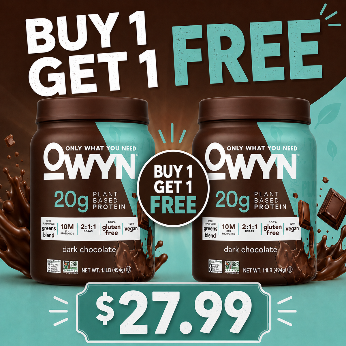 OWYN Only What You Need Plant-Based Protein Powder, Dark Chocolate, 1.17 lbs (Pack of 2)
