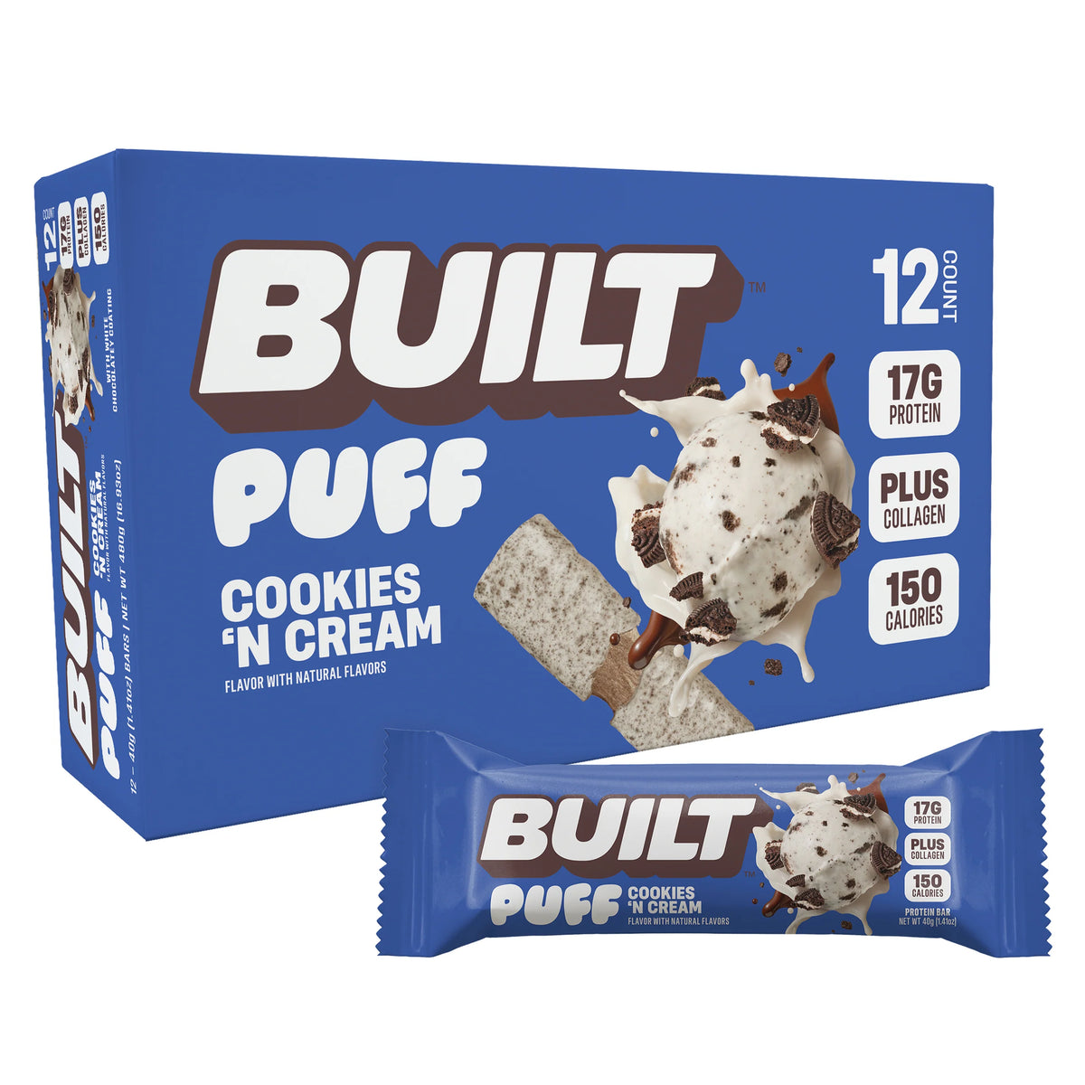 BUILT Puff Protein Bar, Cookies 'N Cream - 12 count