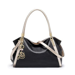 FOXLOVER Top Handle Shoulder Bags for Women Cow Leather Purses Womens Tote Handbags Satchel with Zipper Metal charm（B-Black Without Logo）