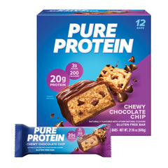 Pure Protein Bars High Protein Nutritious Snacks to Support Energy Low Sugar Gluten Free Chewy Chocolate Chip 1.76oz (Pack of 12) Packaging may vary